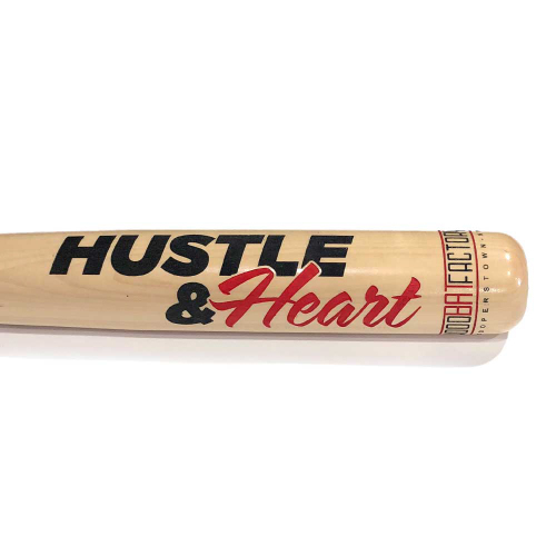 Wood Baseball Bat with Artistic Engraving that reads "Hustle & Heart"