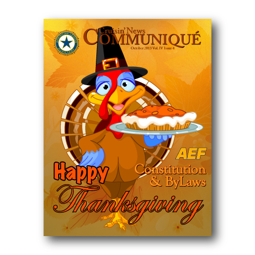 Communique Cover Art for Thanksgiving Issue. Depicts a cartoon turkey wearing a pilgrim hat, and holding a pie.