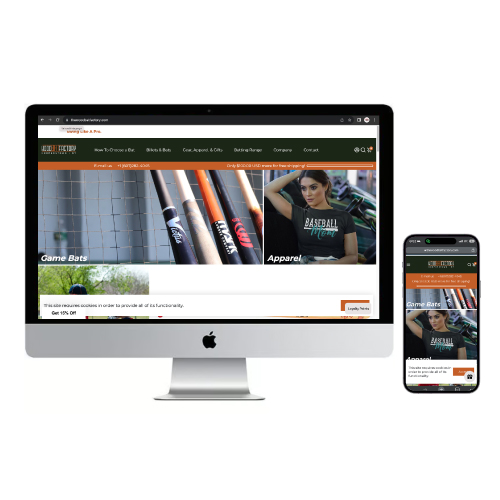 Image showing desktop and mobile versions of The Wood Bat Factory website circa 2023.