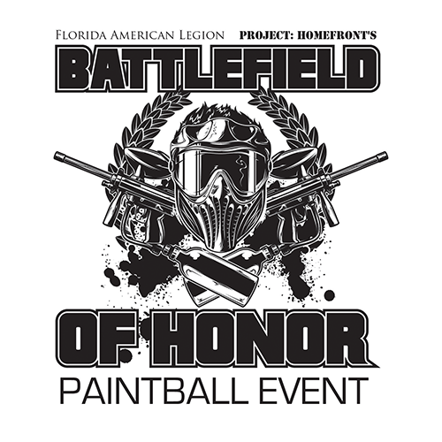 Battlefield of Honor Logo Showing a Paintball Mask with Crossed Paintball guns behind it. Surrounded with a wreath. Lettering that reads " The American Legion Department of Florida, Project: Homefront, Battlefield of Honor Paintball Event".