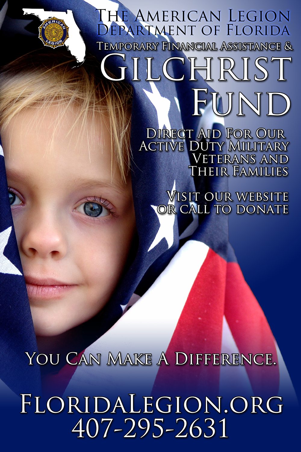 Gilchrist Fund Poster depicting a young child with blonde hair and blue eyes cloaked in an American Flag.
