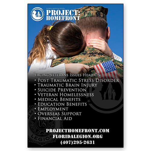 Project: Homefront Poster showing a U.S. MArine hugging a little girl in a white sweater holding an American Flag.