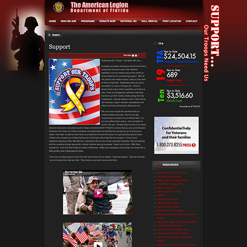 screenshot of floridalegion.org support landing page circa 2010.